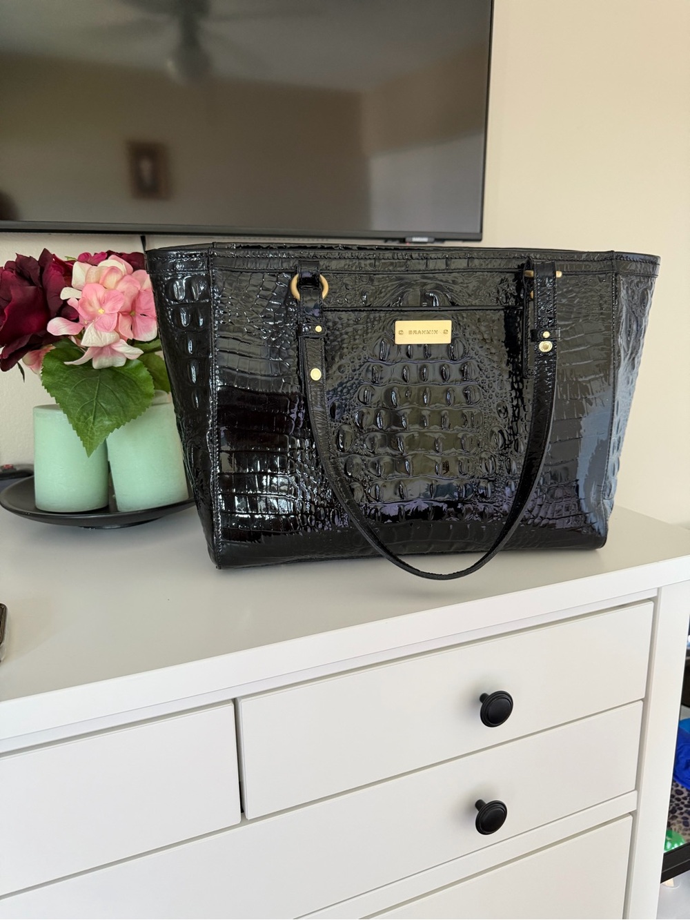 Brahmin Medium Asher Tote Black Croc Embossed Leather